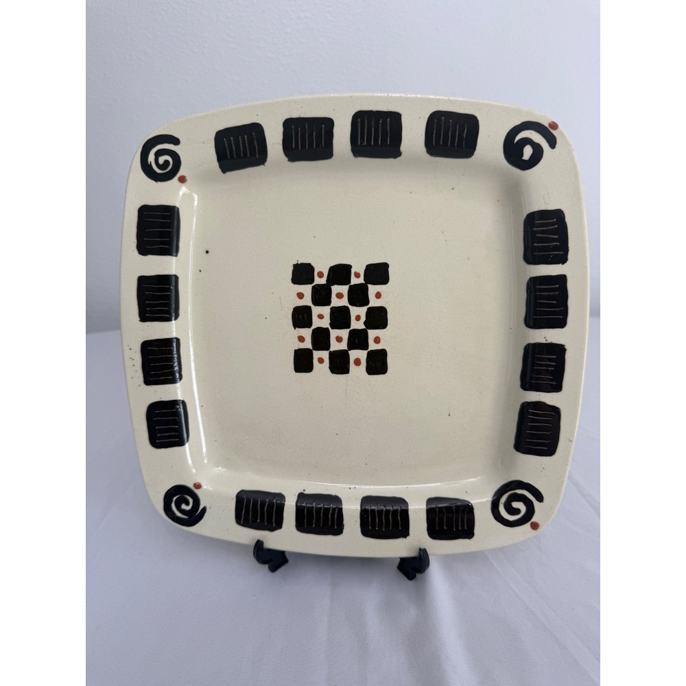 Artisan Signed MT Square Ceramic Platter Hand Painted Geometric Tribal Design